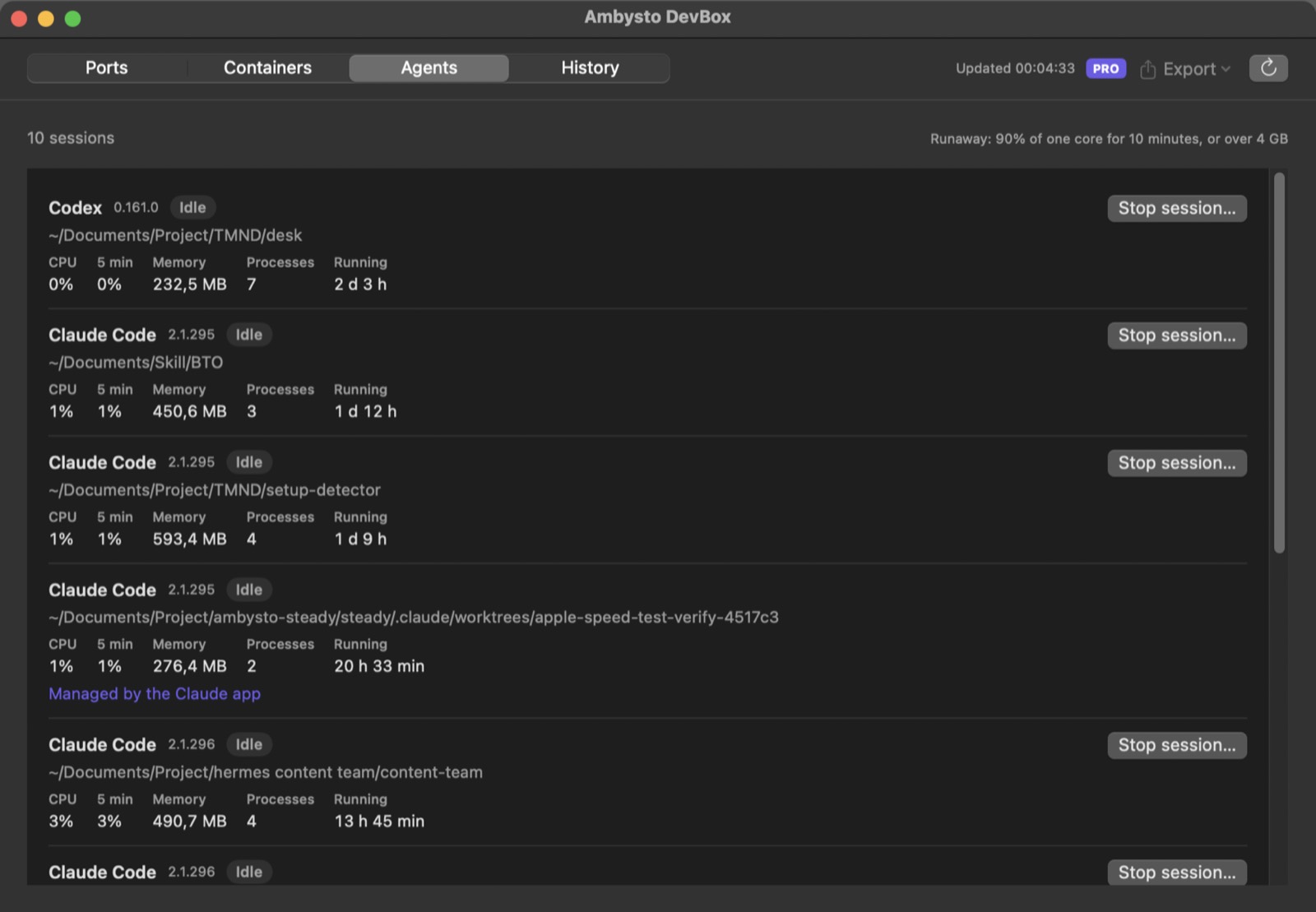Ambysto DevBox agents: coding sessions with CPU, memory, project and a stop button